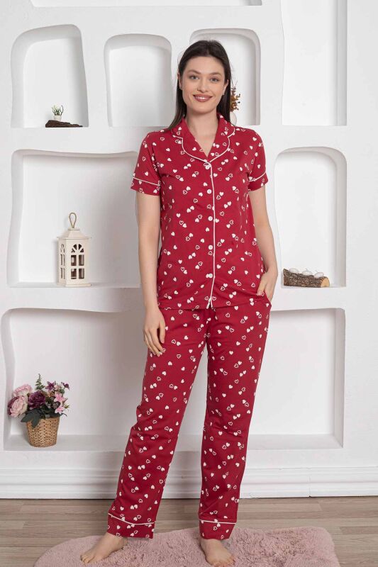 Bordo Önden Düğmeli Kalp Desenli Bayan Pijama Takımı 2785KY - 1