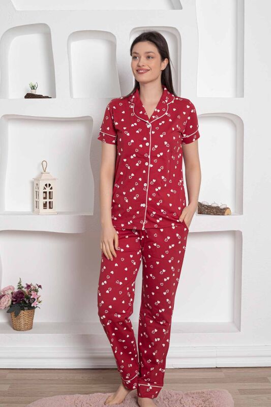 Bordo Önden Düğmeli Kalp Desenli Bayan Pijama Takımı 2785KY - 2