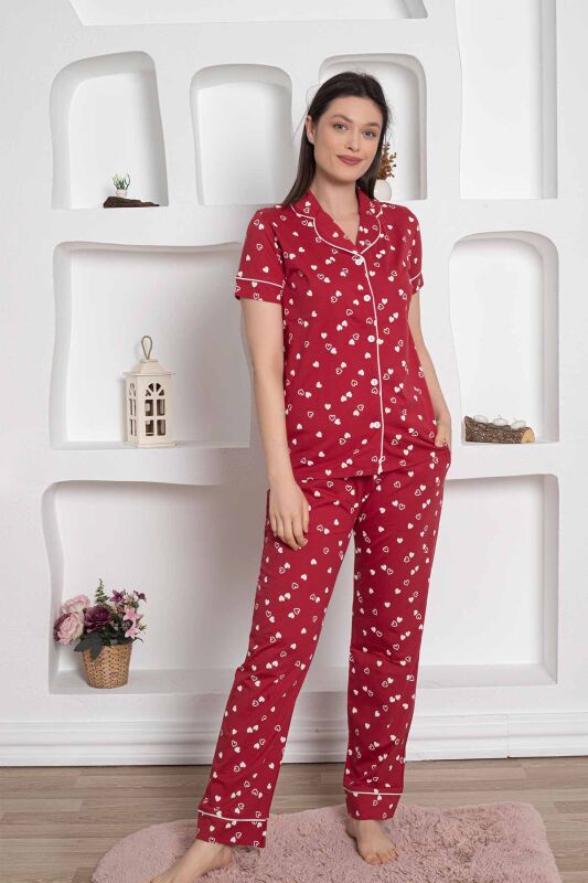 Bordo Önden Düğmeli Kalp Desenli Bayan Pijama Takımı 2785KY - 3