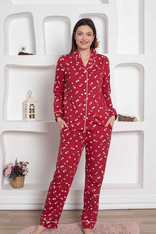Bordo Önden Düğmeli Kalp Desenli Bayan Pijama Takımı 2785UY - 1