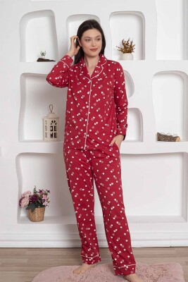 Bordo Önden Düğmeli Kalp Desenli Bayan Pijama Takımı 2785UY - 2