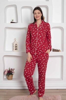 Bordo Önden Düğmeli Kalp Desenli Bayan Pijama Takımı 2785UY - 3