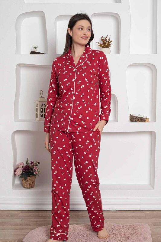 Bordo Önden Düğmeli Kalp Desenli Bayan Pijama Takımı 2785UY - 4