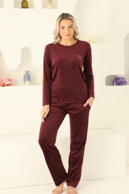 Kadife Kadın Pijama Takımı - İthal Kadife Bordo Nakışlı Cepli 2598UK - 1