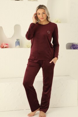 Kadife Kadın Pijama Takımı - İthal Kadife Bordo Nakışlı Cepli 2598UK - 2