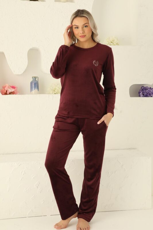 Kadife Kadın Pijama Takımı - İthal Kadife Bordo Nakışlı Cepli 2598UK - 2
