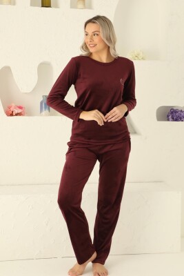 Kadife Kadın Pijama Takımı - İthal Kadife Bordo Nakışlı Cepli 2598UK - 3