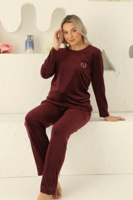 Kadife Kadın Pijama Takımı - İthal Kadife Bordo Nakışlı Cepli 2598UK - 4