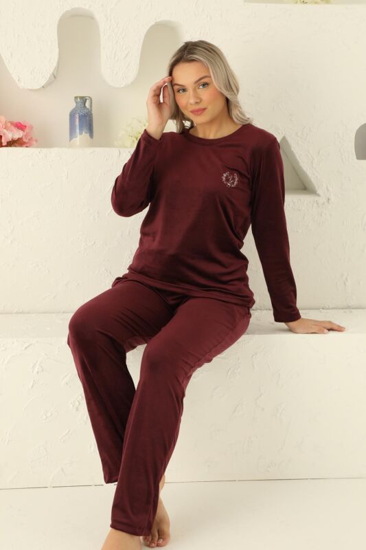 Kadife Kadın Pijama Takımı - İthal Kadife Bordo Nakışlı Cepli 2598UK - 4