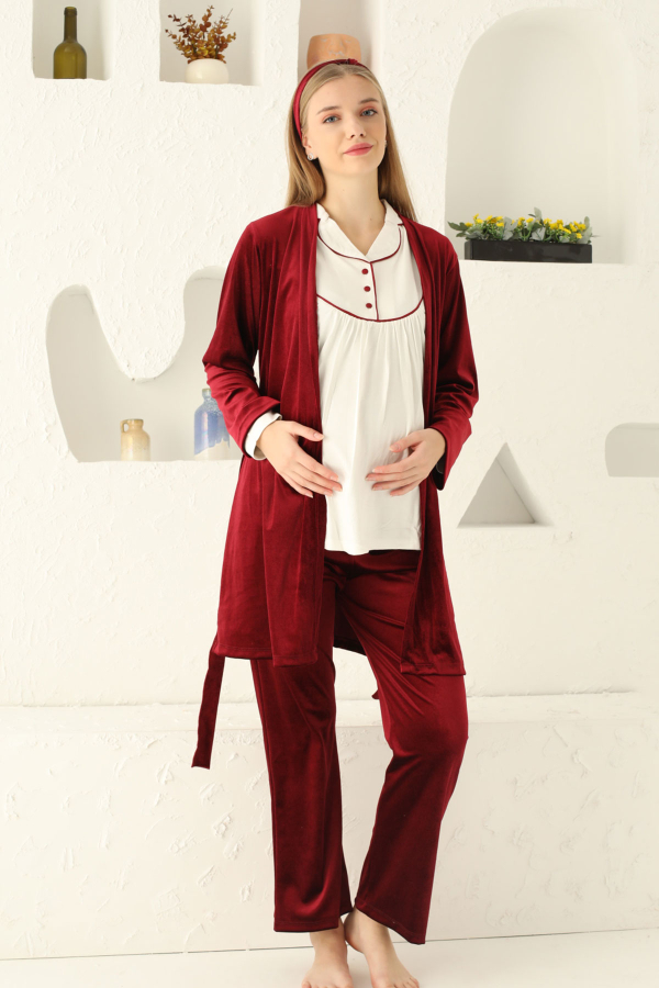Bordo Süper Soft Kadife Sabahlıklı Hamile Lohusa Set 2694 - 1