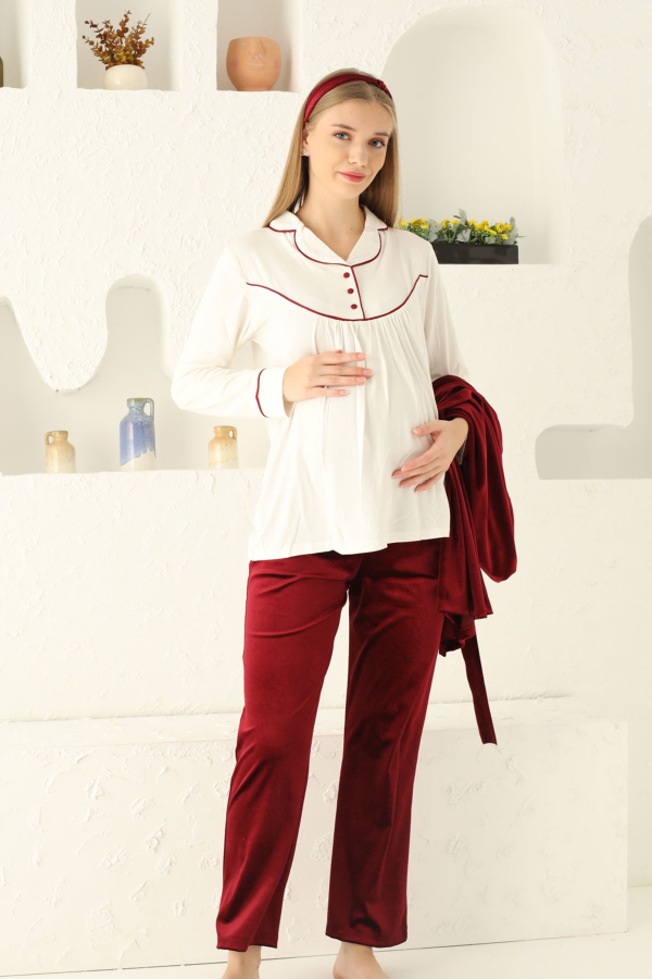 Bordo Süper Soft Kadife Sabahlıklı Hamile Lohusa Set 2694 - 3