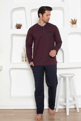 Desenli Erkek Pijama Takımı - Bordo Renk Uzun Kollu Penye 1204UY - 1
