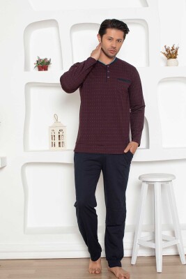 Desenli Erkek Pijama Takımı - Bordo Renk Uzun Kollu Penye 1204UY - 2