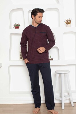 Desenli Erkek Pijama Takımı - Bordo Renk Uzun Kollu Penye 1204UY - 3