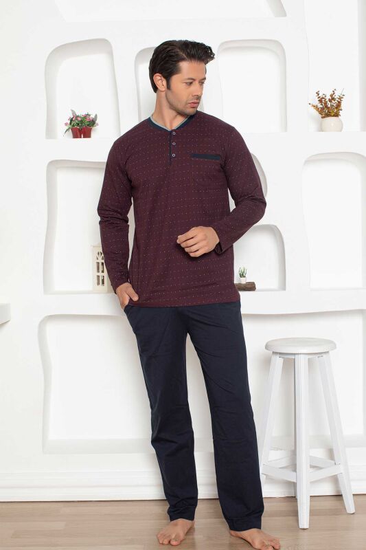 Desenli Erkek Pijama Takımı - Bordo Renk Uzun Kollu Penye 1204UY - 3