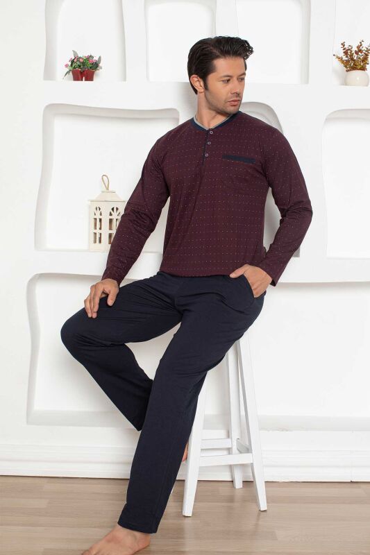 Desenli Erkek Pijama Takımı - Bordo Renk Uzun Kollu Penye 1204UY - 4