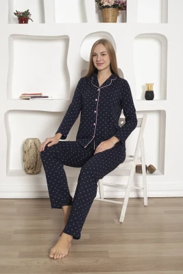 Boydan Düğmeli Kadın Pijama Takımı - Fiyonk Desenli Likralı Rink Viskon 2802UY - Alimer (1)