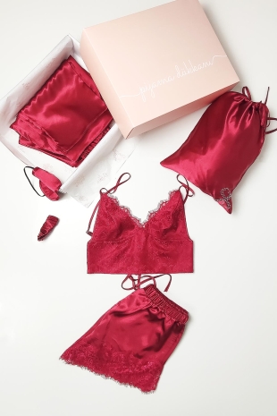 İpek Saten 8'li Çeyizlik Pijama Seti - Bordo Dantelli Sabahlık Gecelik Şort 8000MS - 3