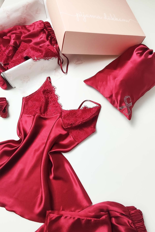 İpek Saten 8'li Çeyizlik Pijama Seti - Bordo Dantelli Sabahlık Gecelik Şort 8000MS - 7