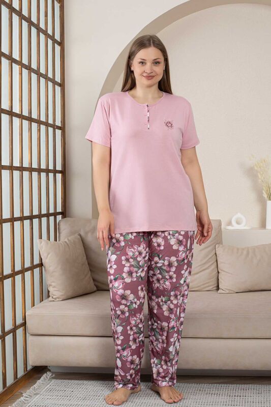 Büyük Beden Bayan Pijama Takımı - Gülkurusu Çiçek Desen Kısa Kol Likralı Viskon 2859KYB - 1