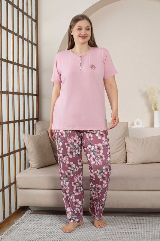 Büyük Beden Bayan Pijama Takımı - Gülkurusu Çiçek Desen Kısa Kol Likralı Penye 2859KYB - 2