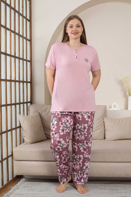 Büyük Beden Bayan Pijama Takımı - Gülkurusu Çiçek Desen Kısa Kol Likralı Penye 2859KYB - 3