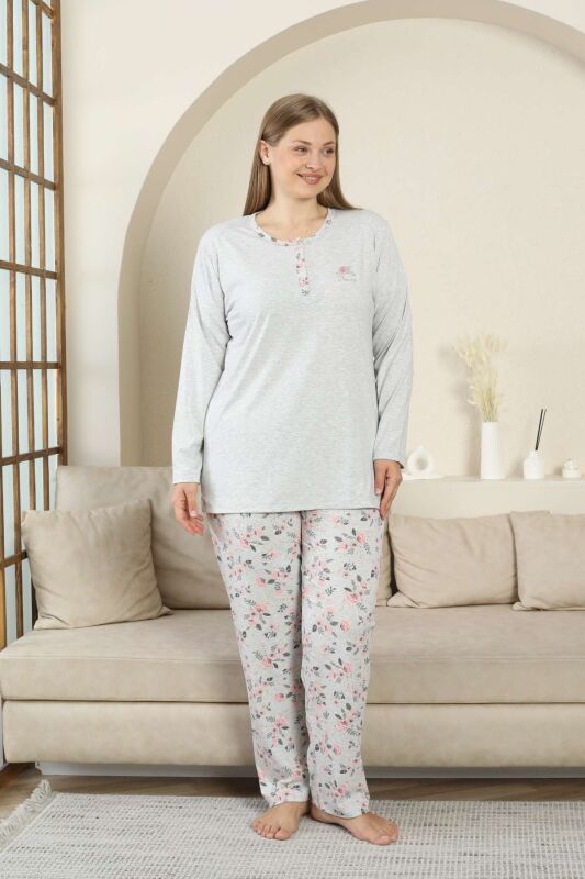 Büyük Beden Bayan Pijama Takımı - Gri Çiçek Desen Uzun Kol Likralı Viskon 2875UYB - 4
