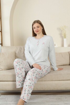 Büyük Beden Bayan Pijama Takımı - Gri Çiçek Desen Uzun Kol Likralı Viskon 2875UYB - Alimer (1)