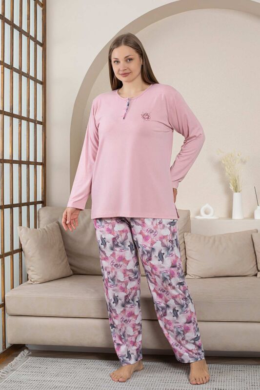 Büyük Beden Bayan Pijama Takımı - Gülkurusu Çiçek Desen Uzun Kol Likralı Viskon 2859UYB - 3