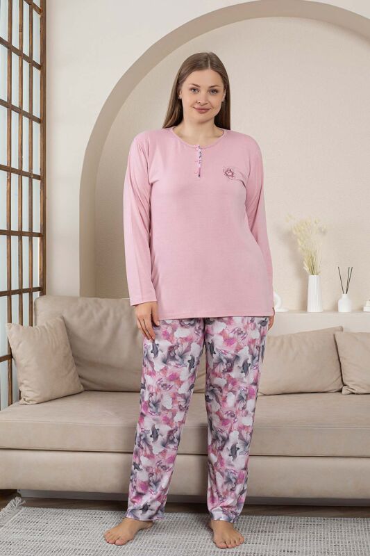 Büyük Beden Bayan Pijama Takımı - Gülkurusu Çiçek Desen Uzun Kol Likralı Penye 2859UYB - 1