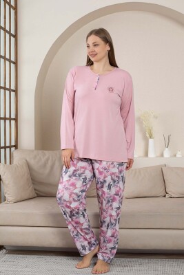Büyük Beden Bayan Pijama Takımı - Gülkurusu Çiçek Desen Uzun Kol Likralı Penye 2859UYB - 2