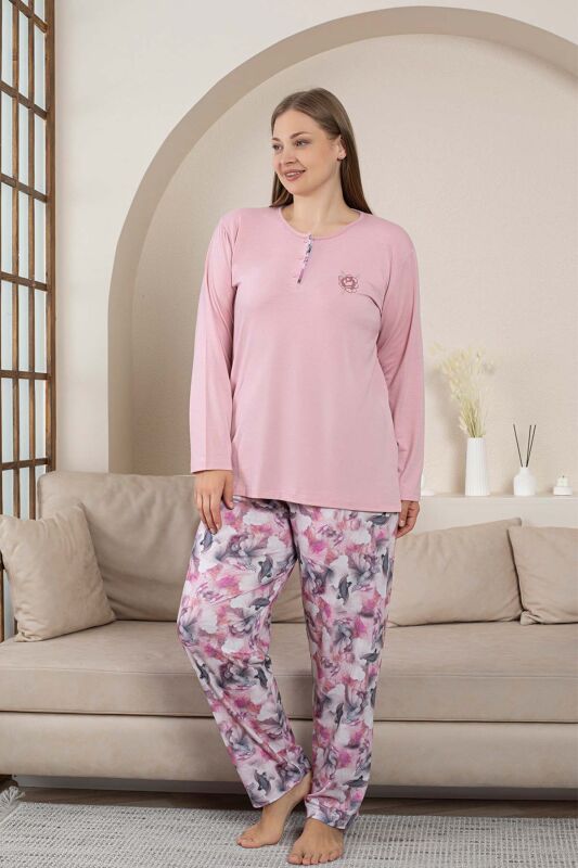 Büyük Beden Bayan Pijama Takımı - Gülkurusu Çiçek Desen Uzun Kol Likralı Penye 2859UYB - 2