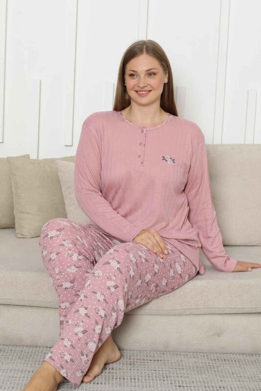 Büyük Beden Bayan Pijama Takımı - Gülkurusu Çiçek Desen Kışlık Şardonlu İnterlok 2879UKB - 4