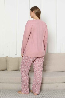 Büyük Beden Bayan Pijama Takımı - Gülkurusu Çiçek Desen Kışlık Şardonlu İnterlok 2879UKB - 5