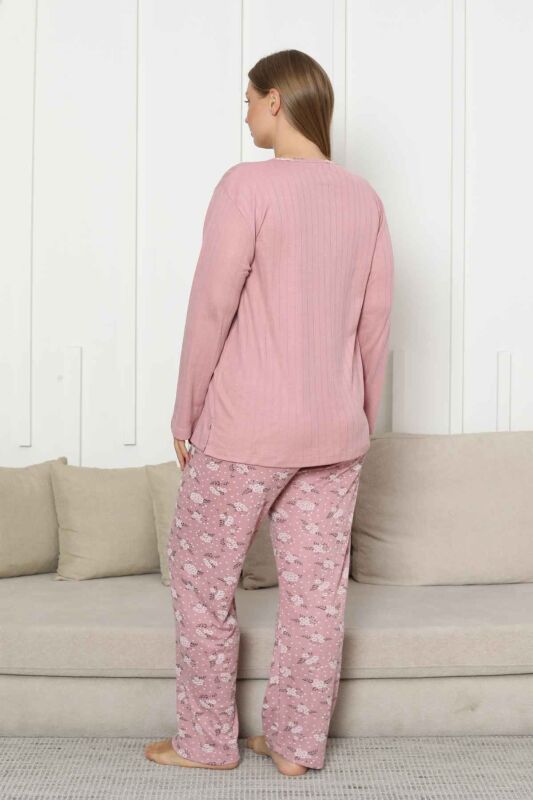 Büyük Beden Bayan Pijama Takımı - Gülkurusu Çiçek Desen Kışlık Şardonlu İnterlok 2879UKB - 5