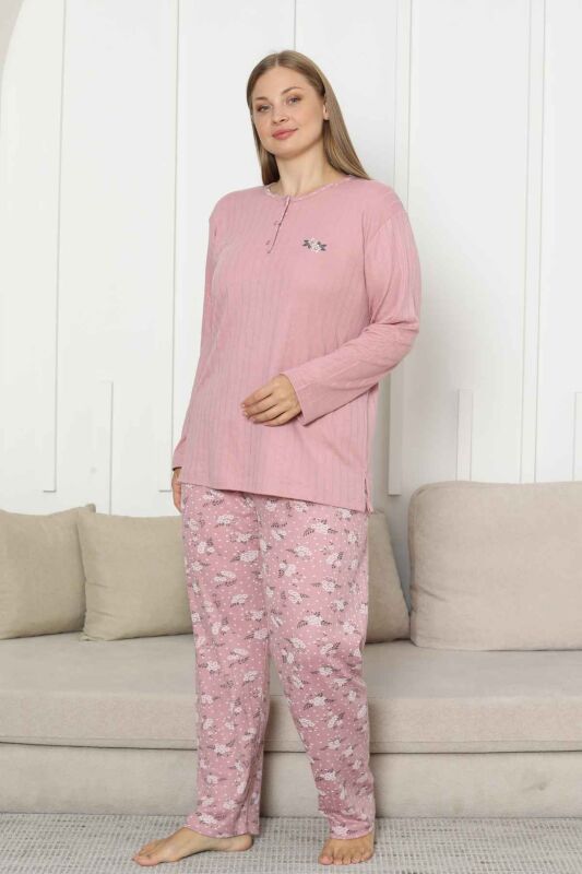 Büyük Beden Bayan Pijama Takımı - Gülkurusu Çiçek Desen Kışlık Şardonlu İnterlok 2879UKB - 2