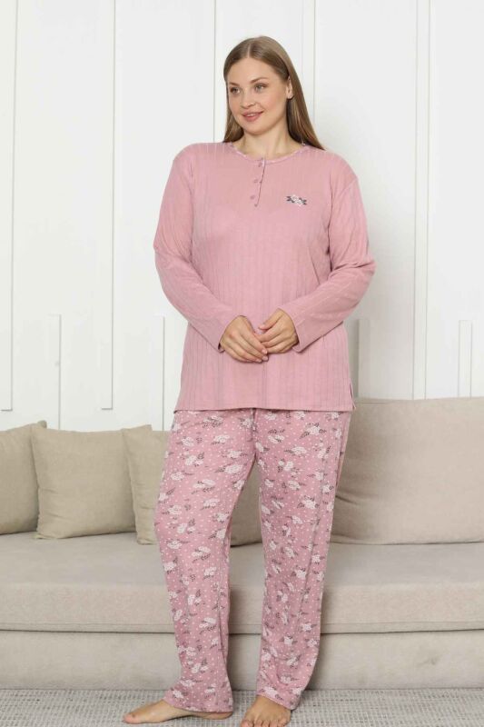 Büyük Beden Bayan Pijama Takımı - Gülkurusu Çiçek Desen Kışlık Şardonlu İnterlok 2879UKB - 3