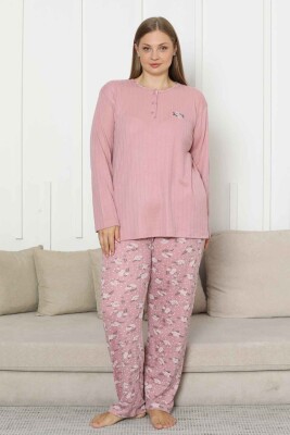 Büyük Beden Bayan Pijama Takımı - Gülkurusu Çiçek Desen Kışlık Şardonlu İnterlok 2879UKB - 1