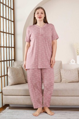 Büyük Beden Bayan Pijama Takımı - Gülkurusu Çiçek Desen Kısa Kol Likralı Viskon 2851KYB - 1