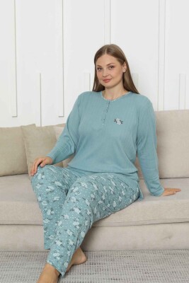 Büyük Beden Bayan Pijama Takımı - Yeşil Çiçek Desen Kışlık Şardonlu İnterlok 2879UKB - 2