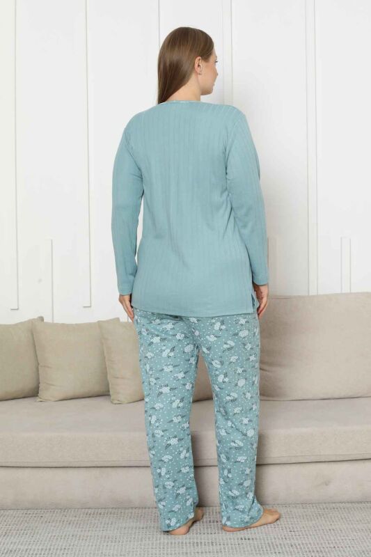 Büyük Beden Bayan Pijama Takımı - Yeşil Çiçek Desen Kışlık Şardonlu İnterlok 2879UKB - 5