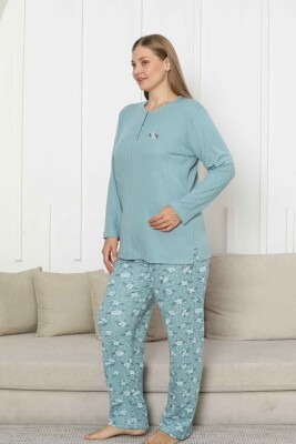 Büyük Beden Bayan Pijama Takımı - Yeşil Çiçek Desen Kışlık Şardonlu İnterlok 2879UKB - 3