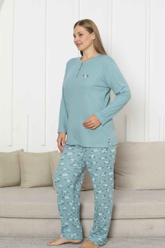 Büyük Beden Bayan Pijama Takımı - Yeşil Çiçek Desen Kışlık Şardonlu İnterlok 2879UKB - 3