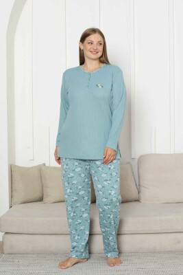 Büyük Beden Bayan Pijama Takımı - Yeşil Çiçek Desen Kışlık Şardonlu İnterlok 2879UKB - 1