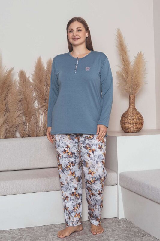 Büyük Beden Bayan Pijama Takımı - İndigo Çiçek Desen Uzun Kol Likralı Penye 2859UYB - 1