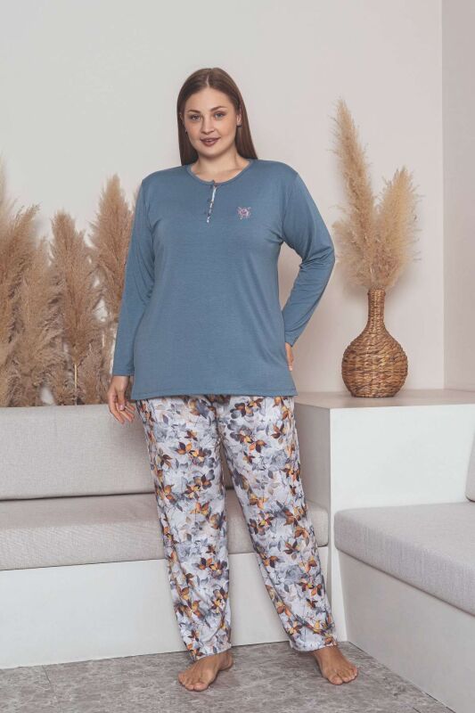 Büyük Beden Bayan Pijama Takımı - İndigo Çiçek Desen Uzun Kol Likralı Viskon 2859UYB - 5