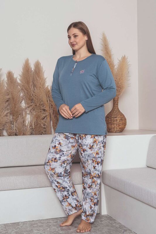 Büyük Beden Bayan Pijama Takımı - İndigo Çiçek Desen Uzun Kol Likralı Viskon 2859UYB - 4