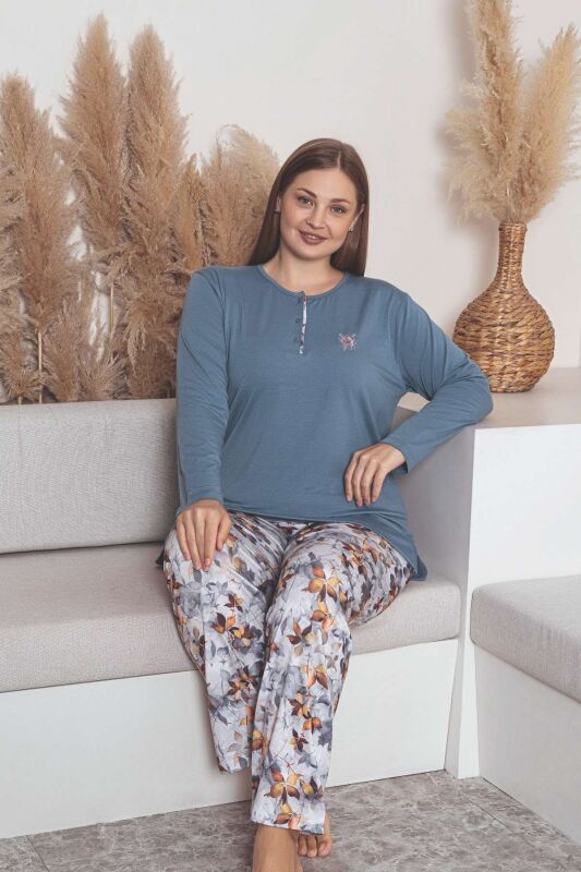 Büyük Beden Bayan Pijama Takımı - İndigo Çiçek Desen Uzun Kol Likralı Viskon 2859UYB - 3