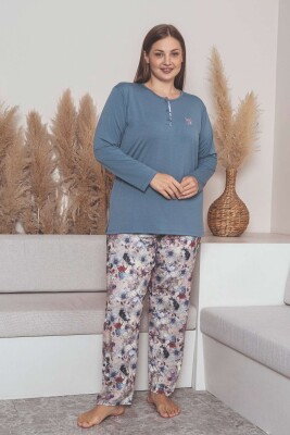 Büyük Beden Bayan Pijama Takımı - İndigo Mor Çiçek Desen Uzun Kol Likralı Penye 2859UYB - 4