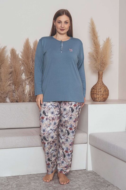 Büyük Beden Bayan Pijama Takımı - İndigo Mor Çiçek Desen Uzun Kol Likralı Penye 2859UYB - 1